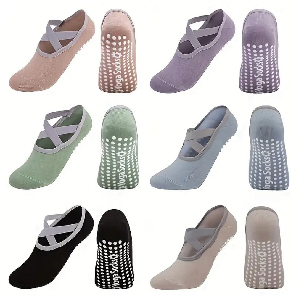YOGA SOCKS: 6 Pair Black, Beige, Green, Blue, Pink, Purple Non-Slip Grip, NWOT